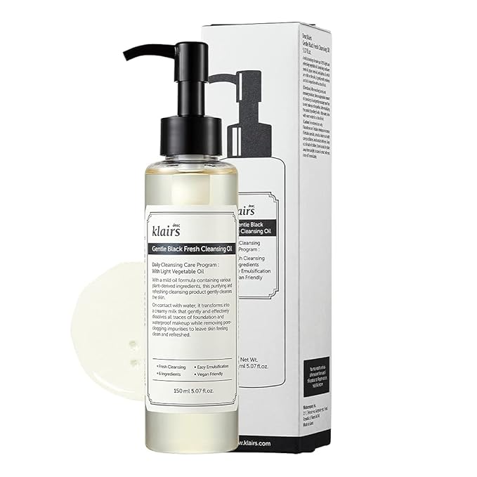 DearKlairs Gentle Black Fresh Cleansing Oil – Only 6 Ingredients, Korean Oil Cleanser for Oily & Sensitive Skin, Vegan Makeup Remover, Pore Cleansing, Double Cleansing Step 1, 5.07 Fl Oz