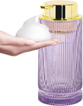 Foaming Soap Dispenser, Purple Glass Foam Hand Soap Dispenser with Gold Pump, 14 Oz Bathroom Refillable Liquid Lotion Pump Ribbed Bottle Container for Kitchen Countertop Decor, 1