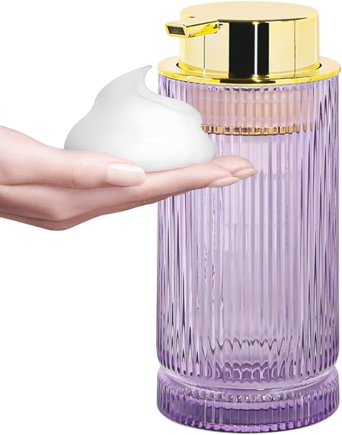 Foaming Soap Dispenser, Purple Glass Foam Hand Soap Dispenser with Gold Pump, 14 Oz Bathroom Refillable Liquid Lotion Pump Ribbed Bottle Container for Kitchen Countertop Decor, 1