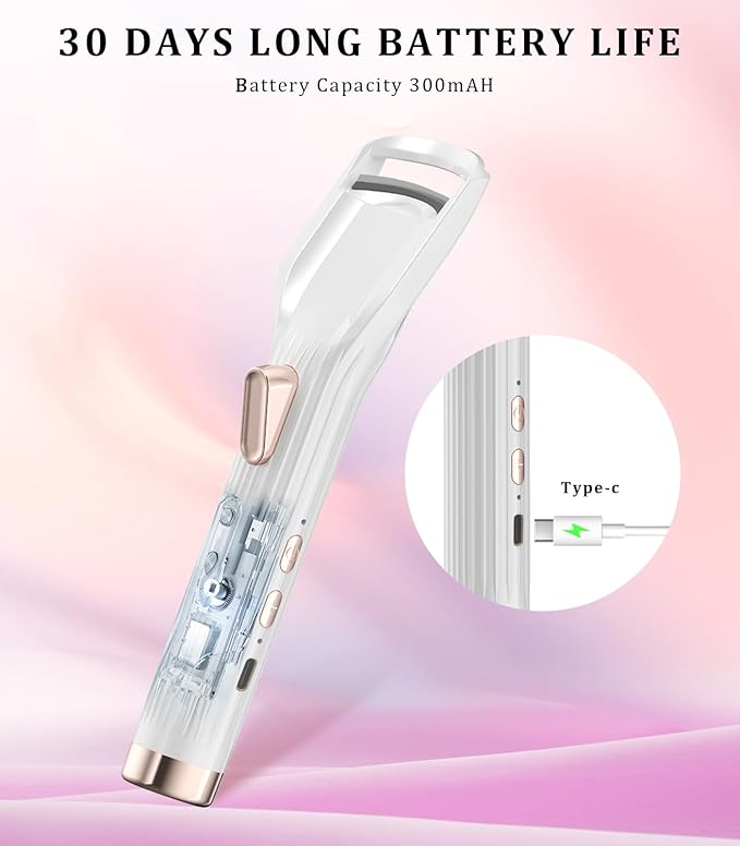 Heated Eyelash Curler Premium PRO - Fast Heat up in 8s - 24 Hours Long Lasting - Rechargeable Electric Eyelash Curler with Type-C, Innovative L Silicone, 2 Heat Modes, Anti-Burn Eyelid, White-GA