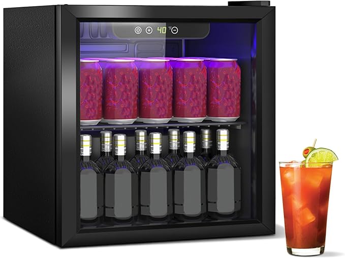 Compact Beverage Refrigerator, 1.3Cu.Ft/60 Can Mini Fridge with Glass Door and Digital Display, Small Drink Fridge with Adjustable Shelves for Soda, Beer, or Wine, Compact Fridge for Bedroom