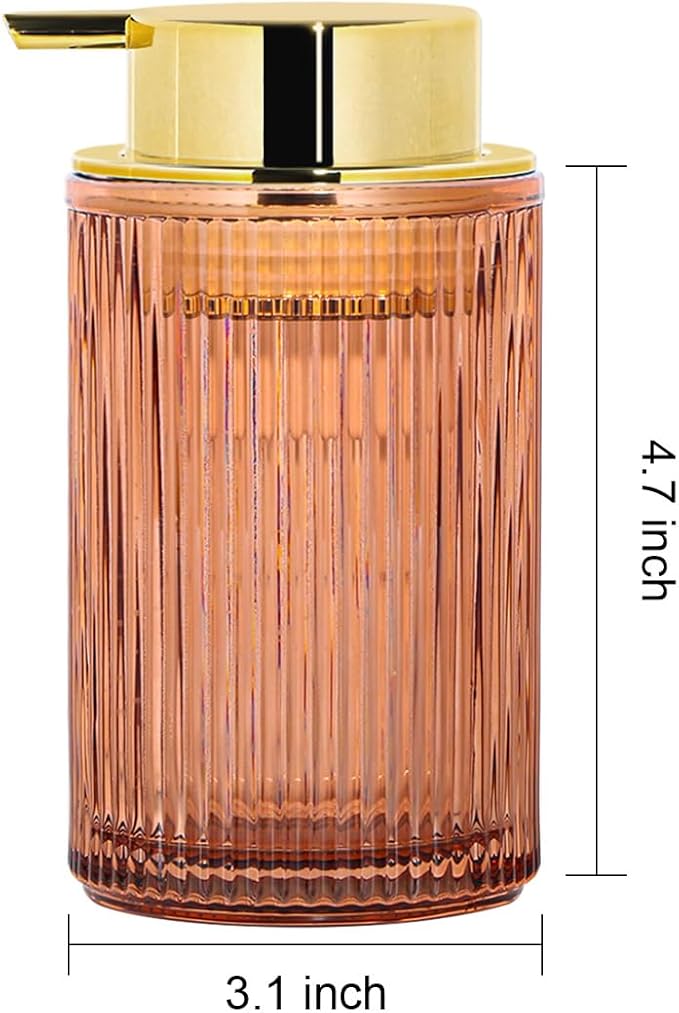 Foaming Soap Dispenser, 12 Oz Thick Glass Foam Hand Soap Dispenser, Refillable Glass Foam Pump Bottle Container Decorative Slim Ribbed Bottle for Bathroom and Kitchen (1, Brown Gold)