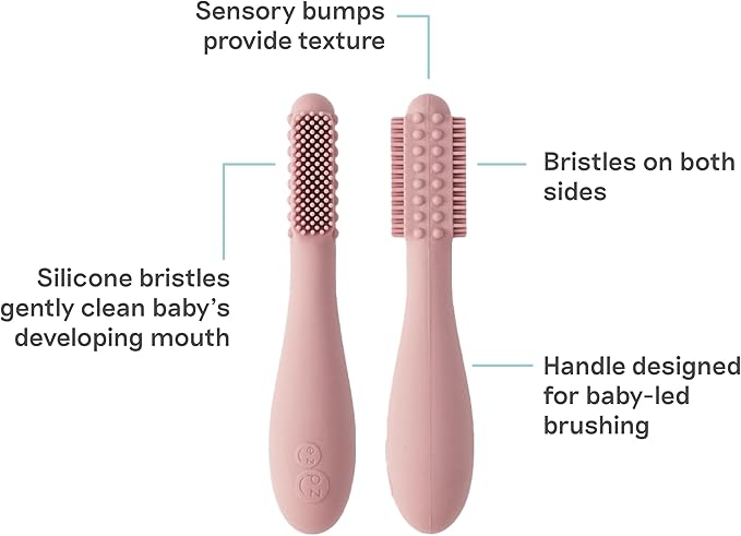 ezpz Baby-Led Toothbrush (Blush) - 3 Months + - 100% Silicone Infant Toothbrush with Sensory Bumps - Cleans Gums + New Teeth - Improves Hand-to-Mouth Coordination, Self-Feeding Skills