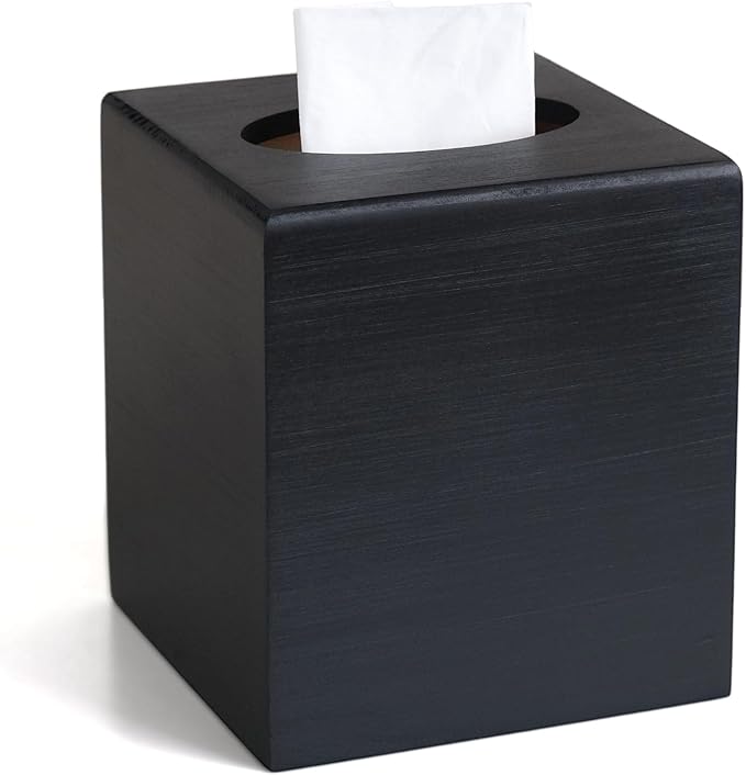 Wood Tissue Box Cover Square, Black Tissue Box Cover, Decorative Cube Facial Wooden Tissue Box Holder with Slide-Out Bottom for Bathroom, Bedroom, Dinner Table, Office, Kitchen