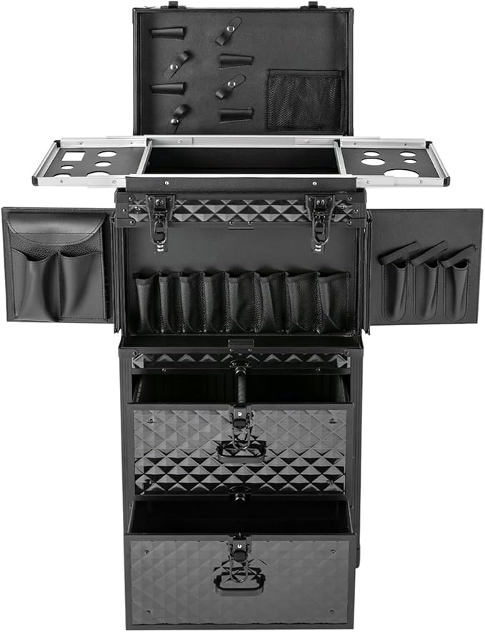 Professional Rolling Lockable Makeup Train Case on Wheels, Hairdressing Trolley Stylist Beauty Salon Cosmetic Luggage Travel Organizer Tool Box for Make-Up Artist, Hairstylist, Nail Artist