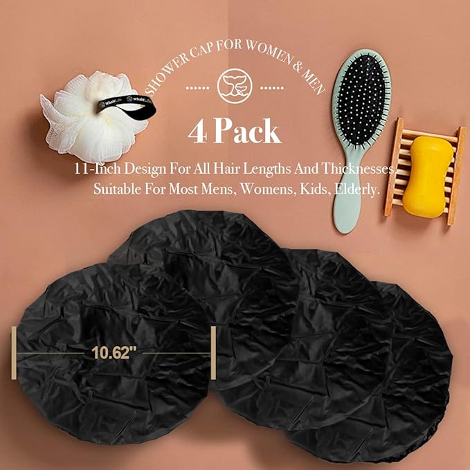 WhaleLife Shower Cap - Black Double-Layer Waterproof Reusable Satin-Lined for Women Men | Fits Thick Hair | Home Spa Travel 4 Pack