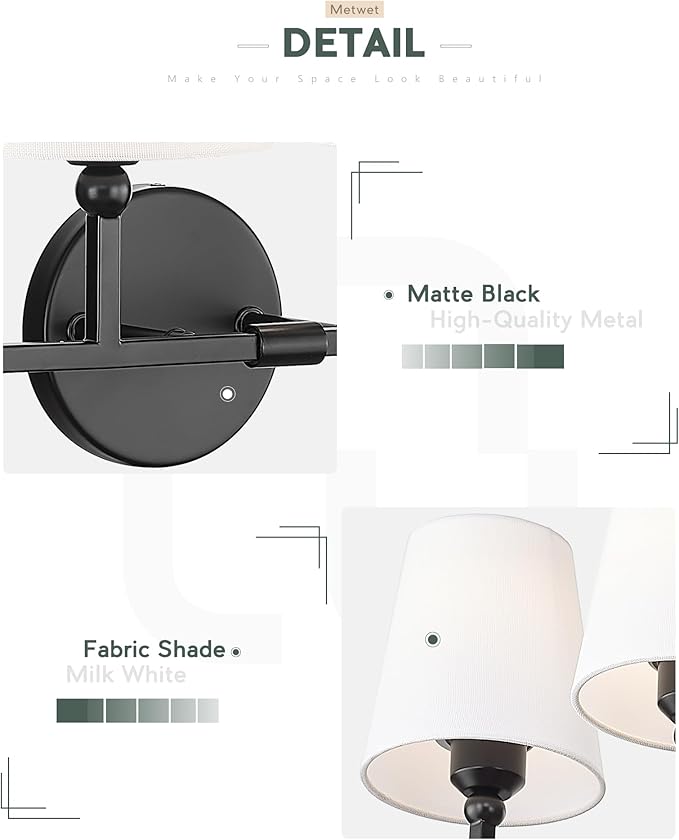 Bathroom Light Fixtures, 42 Inch Matte Black Vanity Lights with Flared White Fabric Shade, 6-Light Wall Sconce, Modern Sconces Wall Lighting for Hallway Bedroom, VL837-MB-6