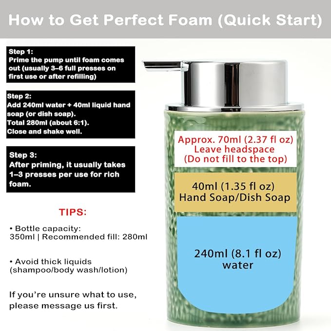 Green Foam Soap Dispenser,Foam Dispenser for Kitchen & Bathroom,Ceramic Soap Dispenser with Foam Soap Pump for Dish Soap&Hand Wash