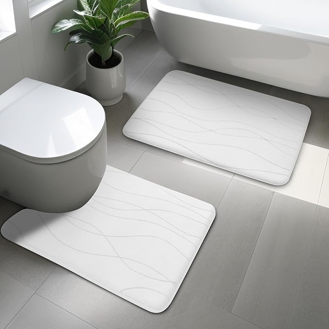 YIHOUSE Memory Foam Bathroom Rug Sets 2 Piece, Ultra Absorbent Bath Mat for Bathroom - Non-Slip Machine Washable & Dry Quickly, 2 Piece Bathroom Mat Set,White