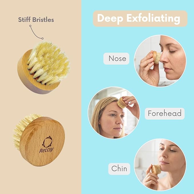 Face Dry Brush for Lymphatic Drainage Set,Exfoliating Face Brush+Face Scrubber for Women+4pcs Organic Facial Exfoliating Pads Reusable.Wooden Small Soft Bristle Facial Brushes for Cleaning.