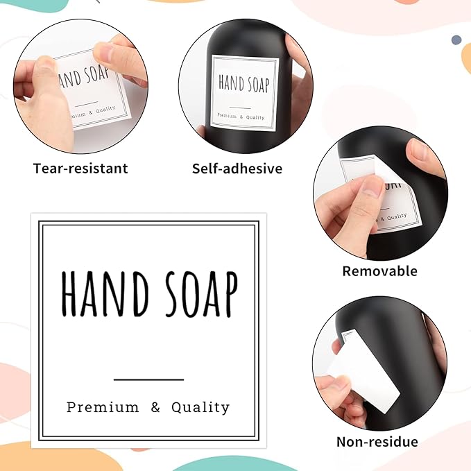 Segbeauty 18pack Waterproof Soap Labels, Farmhouse Kitchen Bathroom Organization Labels, 2.5in Reusable Removable Cleaning Hand Soap Dispenser Stickers for 10oz 16oz 32oz Plastic or Glass Bottles