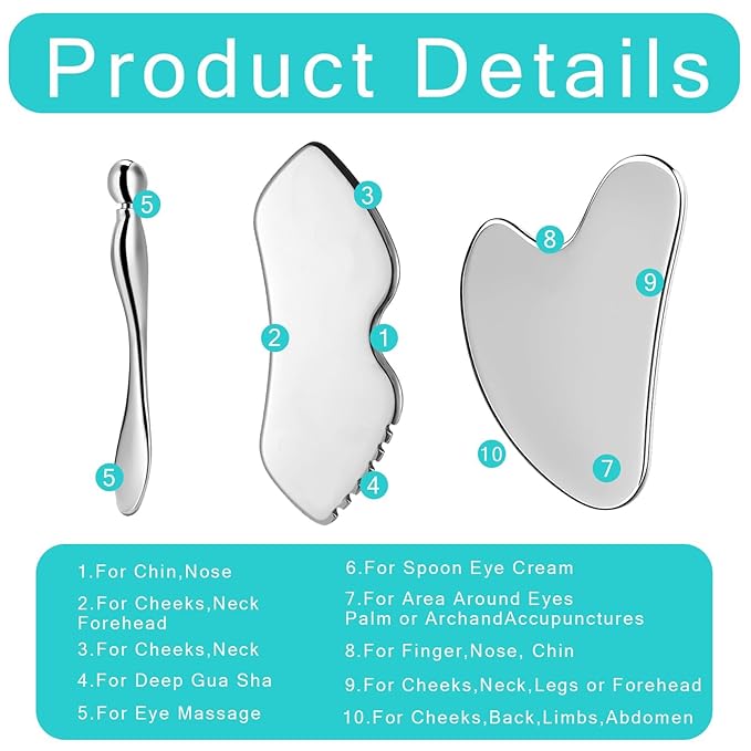 3 Pcs Stainless Steel Gua Sha Facial Tools & Eye Cream Applicator Metal Guasha Set For Face Body,Gua Sha Facial Tools,Stainless Steel Gua Sha,Metal Gua Sha For Face Sculpting, Metal Gua Sha Skin Care