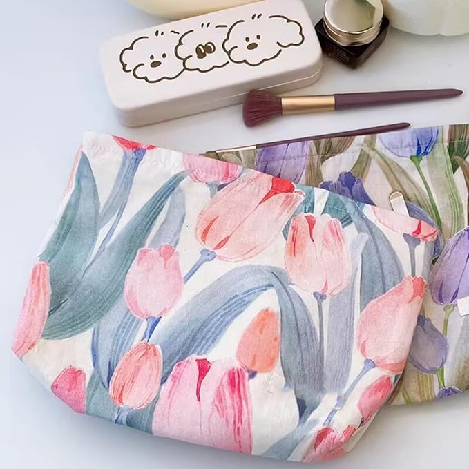 SxoSyo Cosmetic Bags for Women Makeup Bag Large Capacity Purse Travel Toiletry Zipper Storage Pouch Make up Brushes Organizer for Gifts (Pink, tulip)