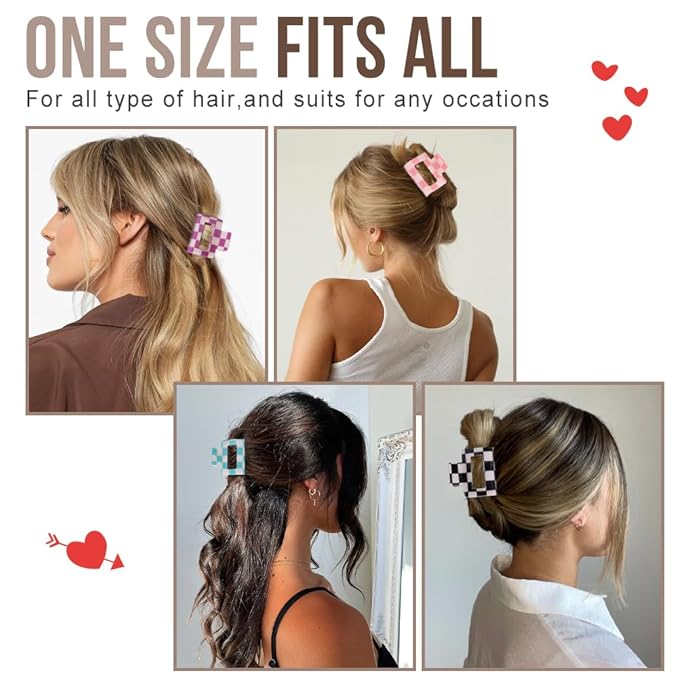 Small Checkered Multicolored Rectangle Y2K Hair Claw Clips - 6 Pcs Strong Hold Hair Accessories for Thin & Thick Hair