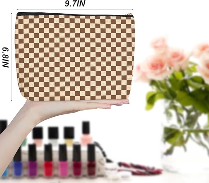 6 Pcs Checkered Makeup Bags Make up Bag Cosmetic Bags for Women Girls Wife Mom Aunt Valentine's Day Christmas Birthday Travel Toiletry Bag Aesthetic Zipper Organizer Accessories, Cute Brown Plaid