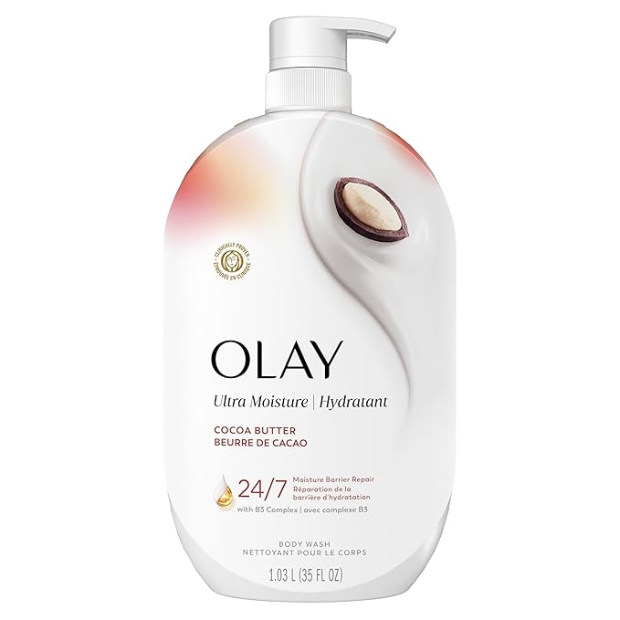 Olay Body Wash for Women, Ultra Moisture, 24/7 Moisture Barrier Repair, Hydrating Formula for Visibly Healthy Soft Skin, Vitamin B3 & Hyaluronic Blend, For All Skin Types, Cocoa Butter Scent, 35 fl oz