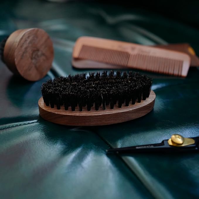 Black Walnut Wood Boar Bristle Hair Beard Brush for Men, Pocket Travel Men's Wooden Small Soft Beard Brush (Black Walnut)