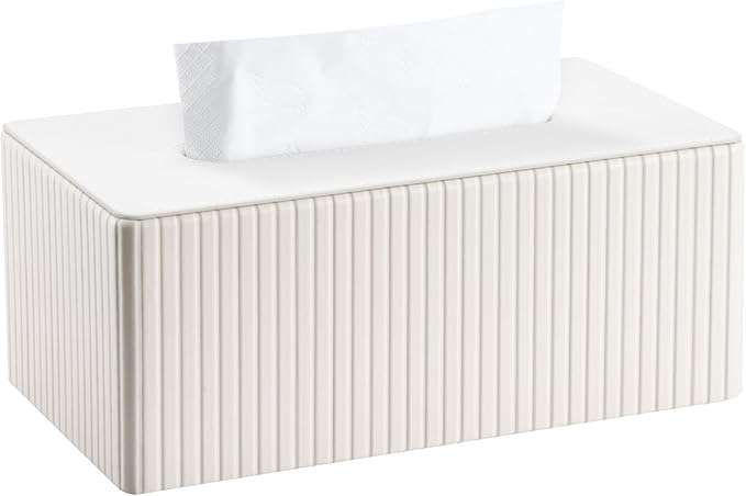 KINGFOM PU Leather Tissue Box Cover Rectangular Tissue Box Holder with Magnetic Bottom, Napkin & Facial Tissue Holder Dispenser for Home, Office for Standard 120-count/160-count (2-Ply) White Stripe