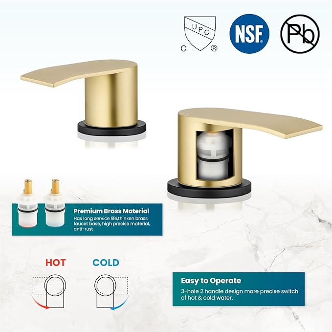 gotonovo Waterfall 8 inch Widespread Bathroom Faucet Set Bathroom Sink Faucet 3 Hole 2 Handle Vanity Lavatory Deck Mount with Pop Up Drain and Water Supply Lines Round Body Brushed Gold and Black