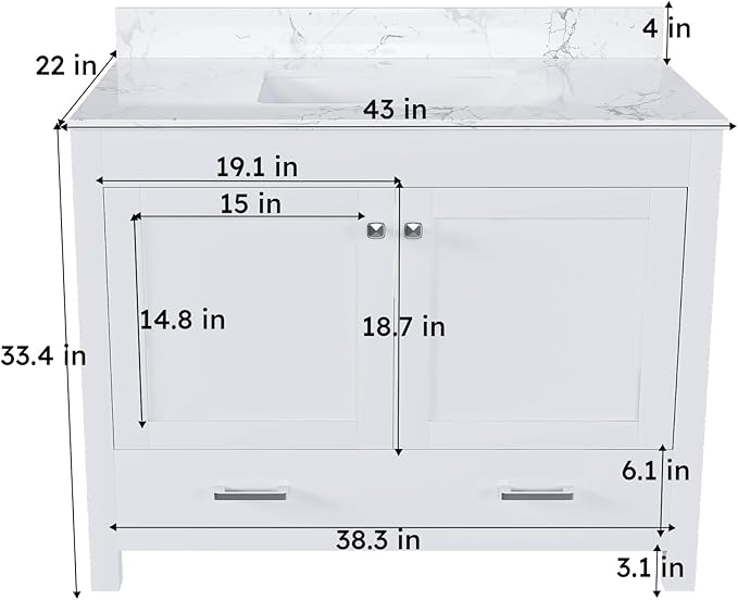 Montary 42" Bathroom Vanity with 43" Artificial Marble Carrara White Top, Modern Stylish MDF Bathroom Storage Cabinet, Vanity Set with 2 Doors and One Large Divided Drawer, White (Single Hole)