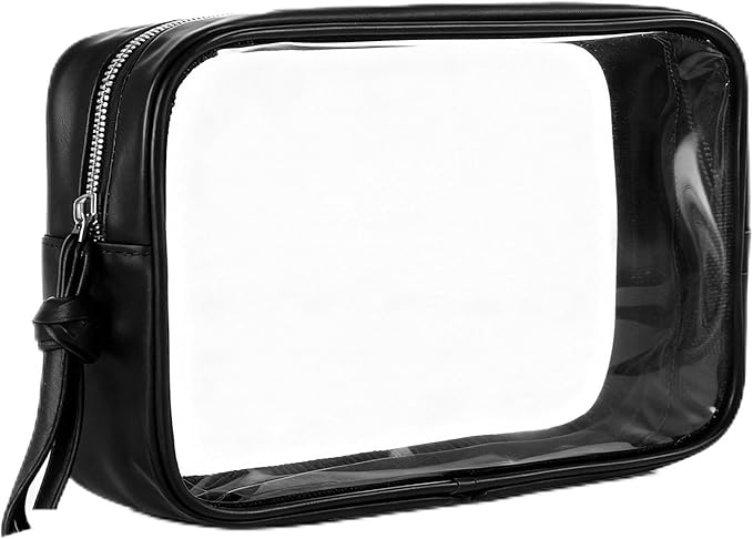 Clear Makeup Bag, PU Leather Small Toiletry Pouch Portable Travel Makeup Pouch Transparent Waterproof Cosmetic Organizer with Zipper for Women Home Travel Office Cosmetic Storage (Black)
