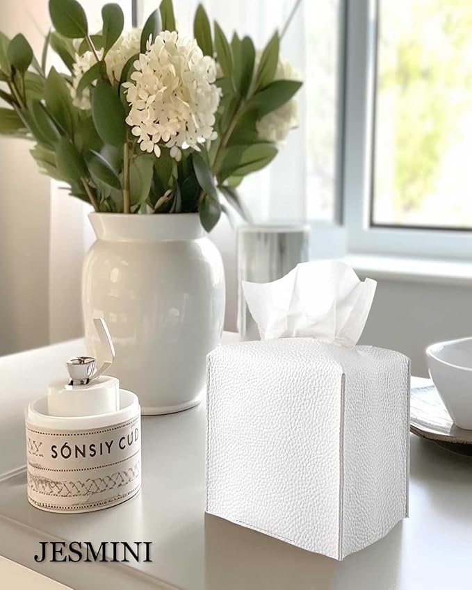 Tissue Holder White Tissue Box Cover – Square Leather Tissue Cover Box with Bottom Belt, Decorative Tissue Box Holder for Modern Home Office Decor