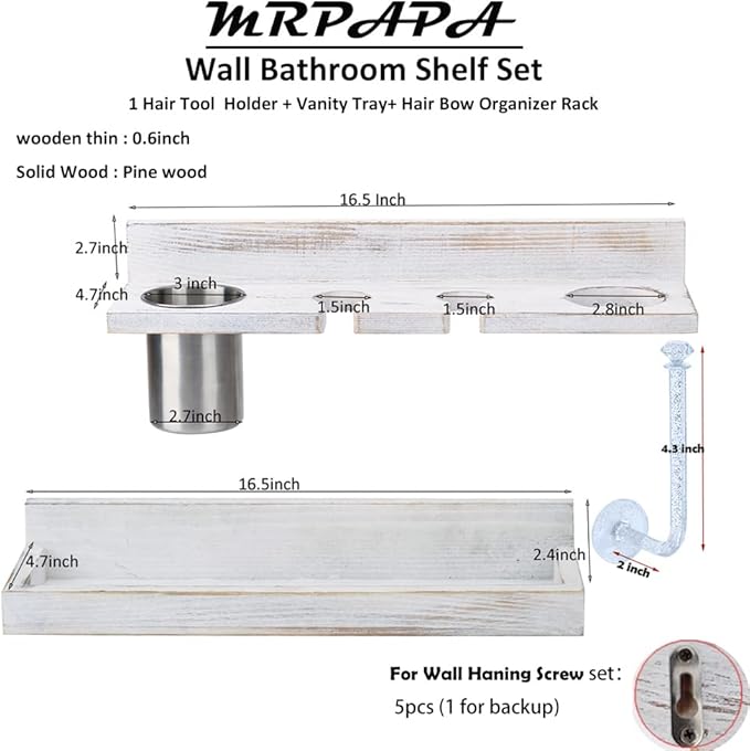 Hair Tool Organizer Wall Mount Holder, Set of 2 Layer Rustic Blow Dryer Holder, Hair Product Organizer Wooden Storage for Hair Dryer, Curling Iron, Hot Tools, Vanity Accessories, Makeup, Toiletries