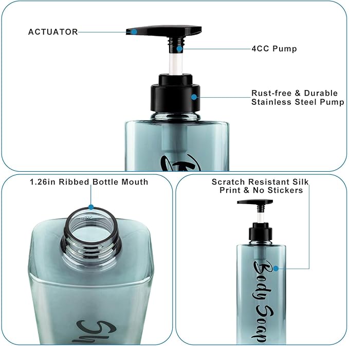 16.9oz Shampoo Dispenser for Shower (3 Pack) - Refillable Shampoo and Conditioner Bottles with Pump, Empty Clear Blue Plastic Body Wash Container Set, Printed Shower Soap Dispensers for Bathroom
