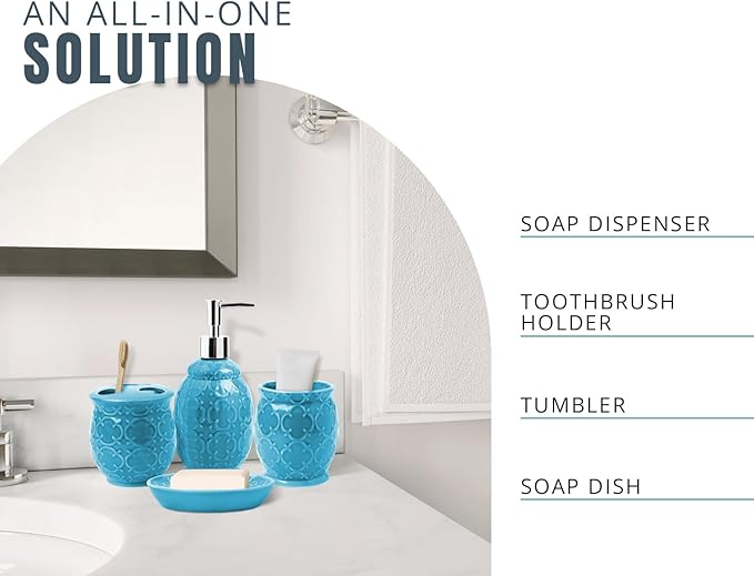 Comfify 4-Piece Bathroom Accessory Set - Ceramic Bath Set with Blue Glossy Finish - Modern Vanity Accessories Including Soap Dish, Tumbler, and Toothbrush Holder