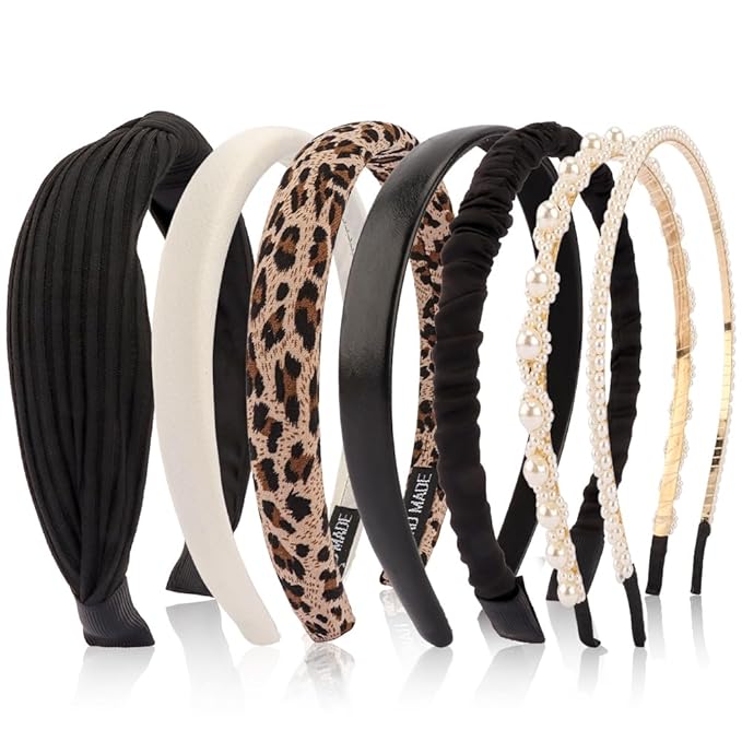 AHONEY 7 Pack Black Headbands for Women Cheetah Print Leopard Headbands Non Slip Leather Hairbands Fashion Hair Accessories Multi-style Headband Pack Diademas Para Mujer