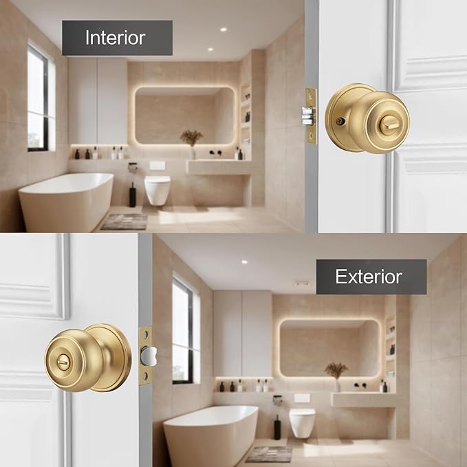 Gold Door Knobs for Privacy, Brass Door Knob Interior for Bath & Bedroom with Turn Lock