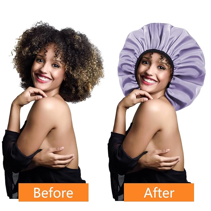 Auban Extra Large Shower Cap, Double-Layer Waterproof Reusable Satin Lining Shower Bonnet for Women Long Hair, Braids, Locs, perms (Purple)