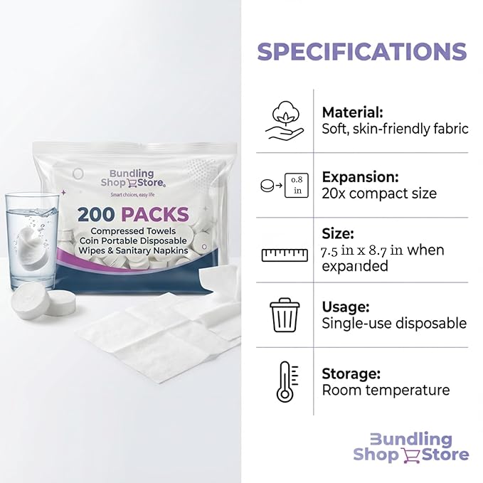 Compressed Towels Coin|Portable Disposable Wipes & Napkins Suitable for Travel, Camping, Hotels, Hygienic Compact Towels for On-the-Go, Bulk Value 200 Packs