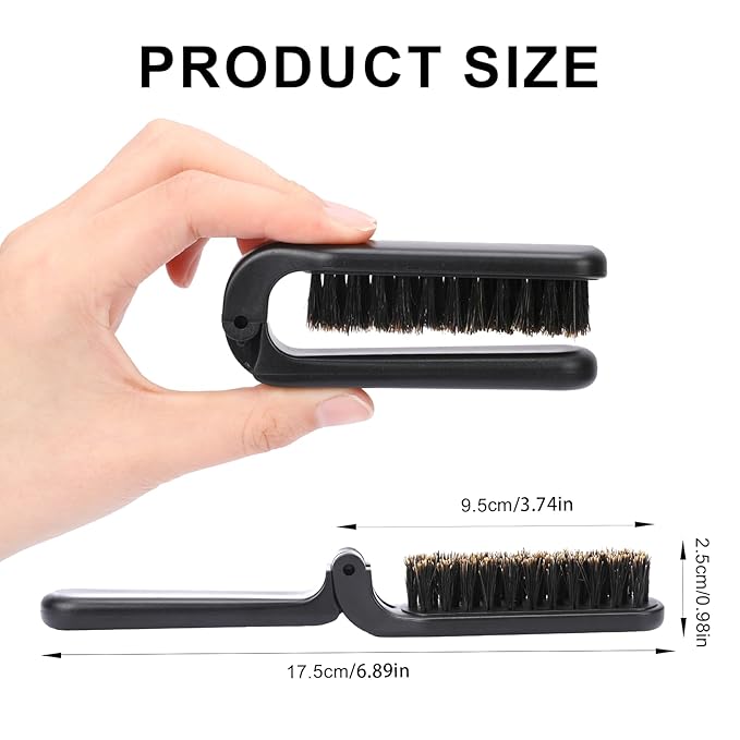 Foldable Boar Bristle Hair Brush, 2 Pcs Travel Folding Collapsable Pocket Size Brush for Women, Anti-Static Range Styling Tool Mini Beard Brush for Men (Black & Gold)