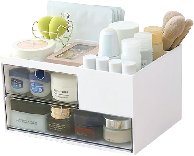 Makeup Organizer with 2 Drawers, Desk Organizer, 4 Compartments, Cosmetics Storage Box for nail polish,Lipstick, Brushes, Jewelry, Skincare, Bathroom Organization Boxes - White