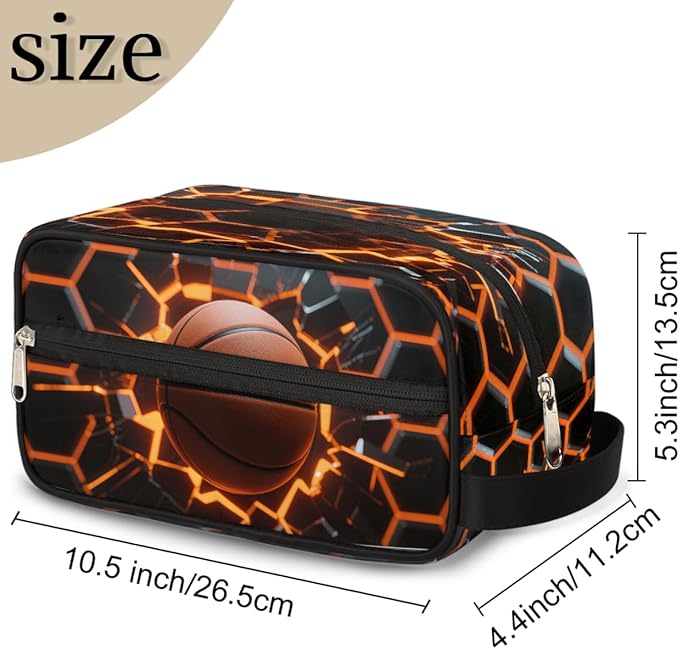 Abstract Basketball Kids Toiletry Bag for Boys Girls, Cosmetic Makeup Bag with Handle, Travel Shaving Kit Organizer, Waterproof Portable Wash Bag for Gym Vacation Camping Sports