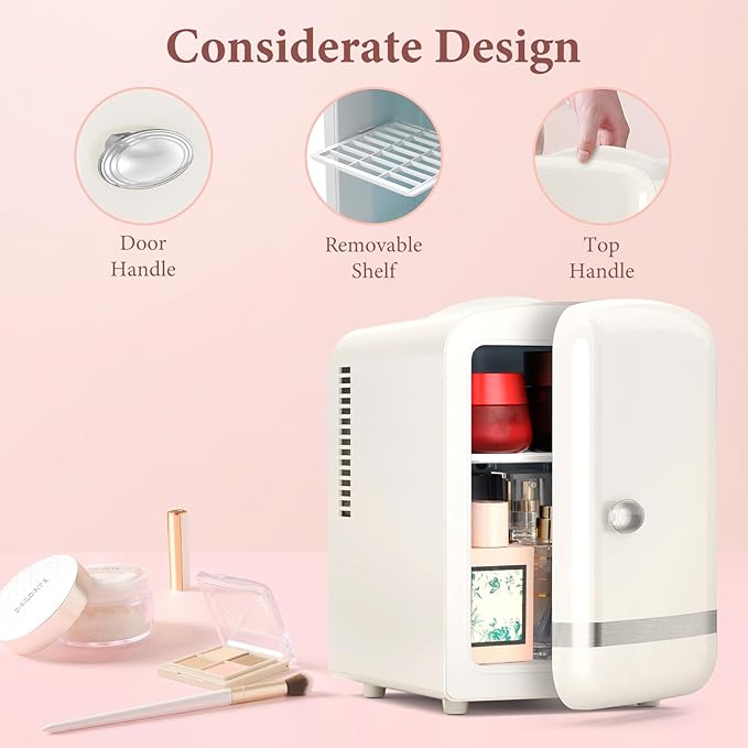 Xbeauty Retro Mini Fridge, Compact Refrigerator with 4L Capacity/6 Cans，Cooler & Warmer, Removable Shelf for Skincare, Beverages, Cosmetics, Perfect for Dorm, Bedroom, Cream