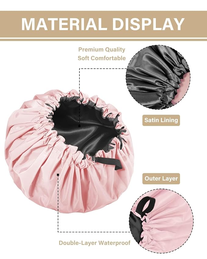Aquior Shower Cap,Extra Adjustable Shower Caps for Women Double-Layer Waterproof Reusable Hair Cap, Large Size Hair Cap for All Hair,for Girls Spa Bath,Soft and Comfortable (Pink)