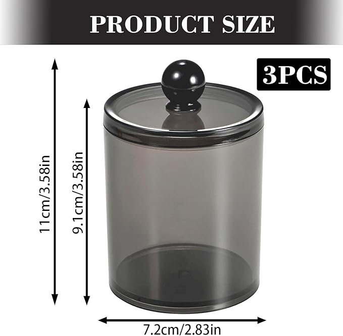 3 Pack Cotton Buds Dispenser, Pad Holder, 10 oz Clear Black Cotton Swab Holder Round Holder, Apothecary Jar Set Bathroom Canister Storage Organization for Ball, Round Pads