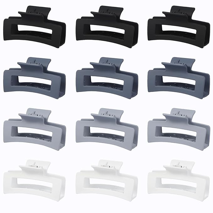12 Pcs Medium Hair Clips for Women, 3.5 Inch Square Claw Clips, Colorful Hair Claw Clips for Thick and Thin Hair, Bulk Hair Accessories for Women and Girls- Grey