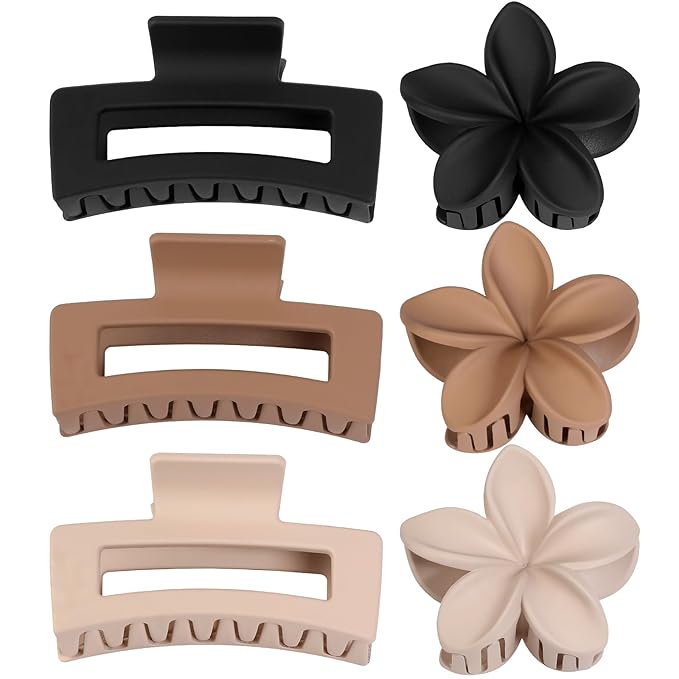 Flower Hair Clips for Women Square Claw Clips for Girls 2 Styles Hair Claw Clips for Thick or Thin Hair 6 PCS Hawaiian Hibiscus Rectangle Large Plumeria Medium Hair Accessories for Women (Brown)