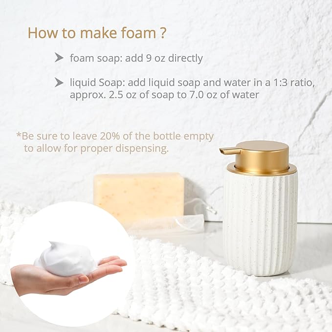 2 Pack Speckled Matte White Ceramic Foam Soap Dispenser, 12 oz Refillable Pump with Golden Top, Elegant Foaming Dispenser for Bathroom or Kitchen, Speckled White