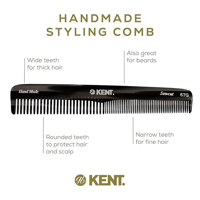 Kent 6T G Fine Tooth and Wide Tooth Hair Comb, Handmade Styling Comb for Hair Care, Barber Combs, Beard Combs For Men, Styling Grooming for Men, Women and Kids