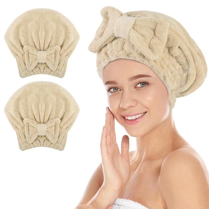 SUNLAND Large Microfiber Hair Drying Caps with Bow Knot Fast Drying Shower Cap Soft and Absorbent hairWrap Hair Turban Bath Caps for Curly Thick and Wet Hair