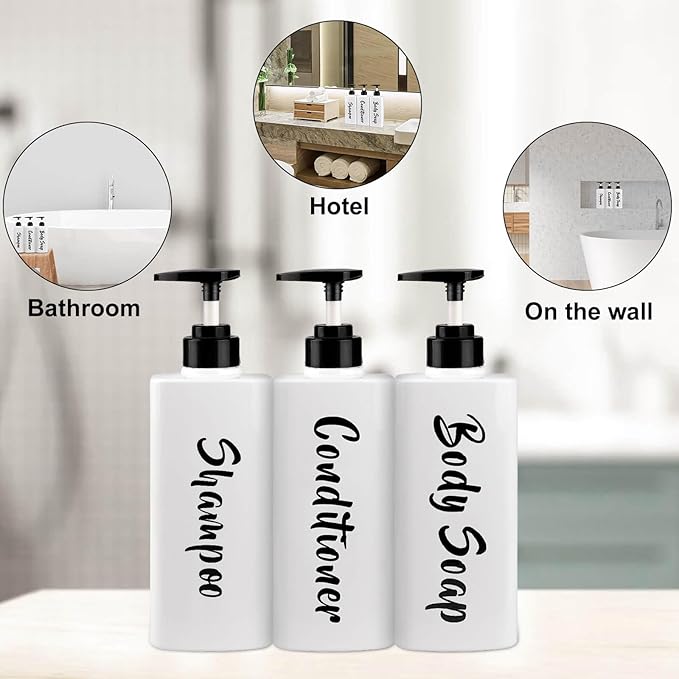 16.9oz Shampoo Conditioner Body Wash Dispenser for Shower, Refillable Printed Soap Bottles with Pump, Empty Plastic Bathroom Dispenser Set for Shampoo, Conditioner & Soap (White, 3 Pack)