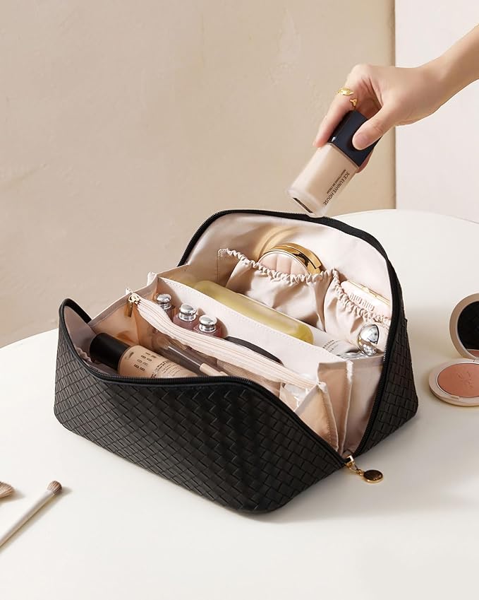 EACHY Travel Makeup Bag, Large Capacity Cosmetic Bag for Women, Waterproof PU Leather, Flat Open Portable Toiletry Bag for Skincare, Brushes & Travel Essentials