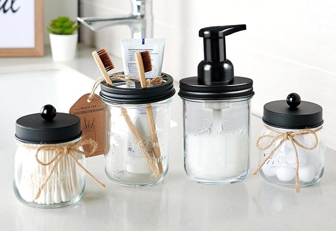 SheeChung Mason Jar Foaming Soap Dispenser, Glass Foaming Hand Soap Dispensers, Stainless Steel Lid, Refillable Foam Soap Dispenser for Bathroom Kitchen, Farmhouse Bathroom Decor (2 Pack, Black)