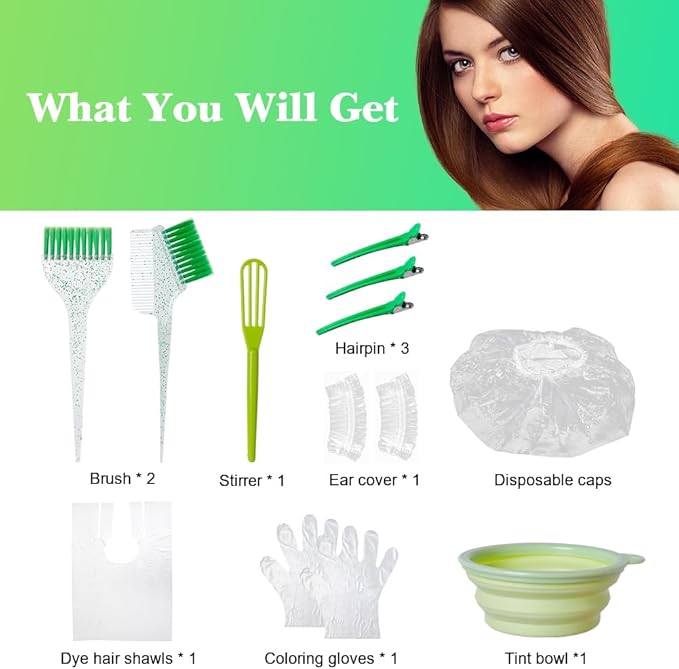 Hair Dye Color Brush and Bowl Set, Color Bowl Brushes Tool Mixing Bowl Kit Tint Comb for Hair Tint Dying Coloring Applicator (Green&Clear)