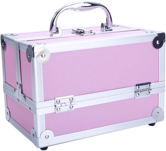 Makeup Train Case, Makeup Case Organizer with Mirror, Portable Cosmetic Box Storage with 2 Trays, Make Up Travel Case for Nail Kits Cosmetics Craft Traveling, Gifts for Women and Girls (Pink)