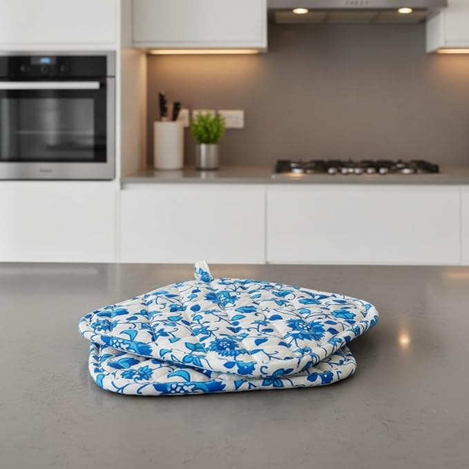 Cotton Pot Holder for Kitchen Heat Resistant Oven Mitts Potholder Hot Pads Cooking Baking Machine Washable Reversible Turquoise Blue 2 Piece Set